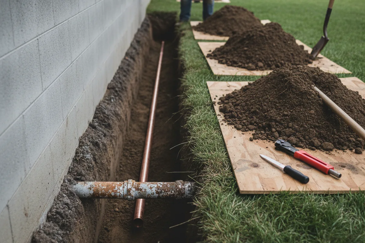 Excavated water line trench during Sewer Line Repair in Cross
